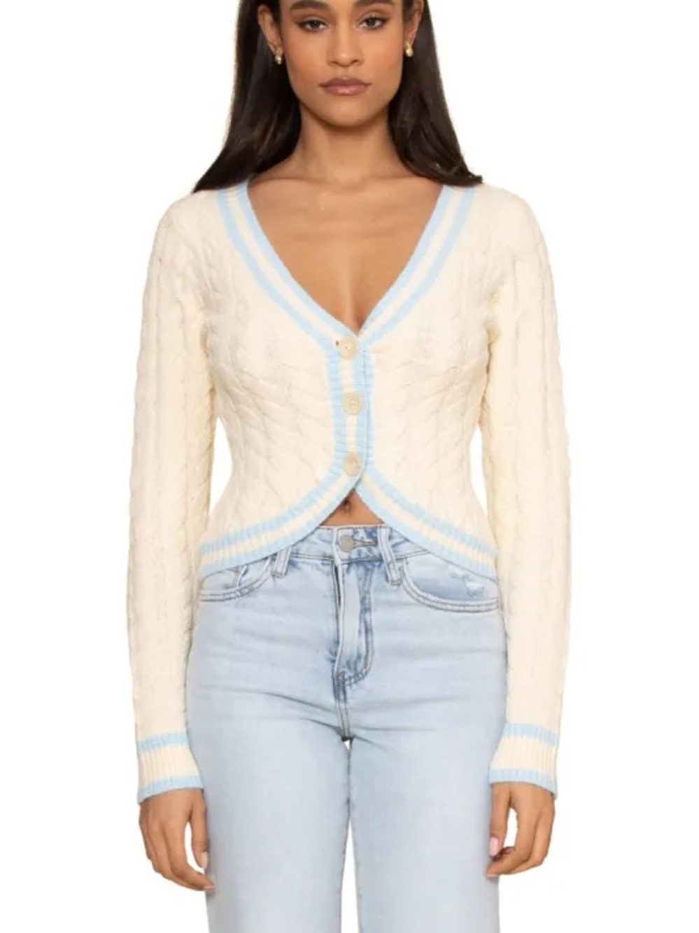 Central Park West Cream Cable-Knit V-Neck Cardigan academia old money classic L